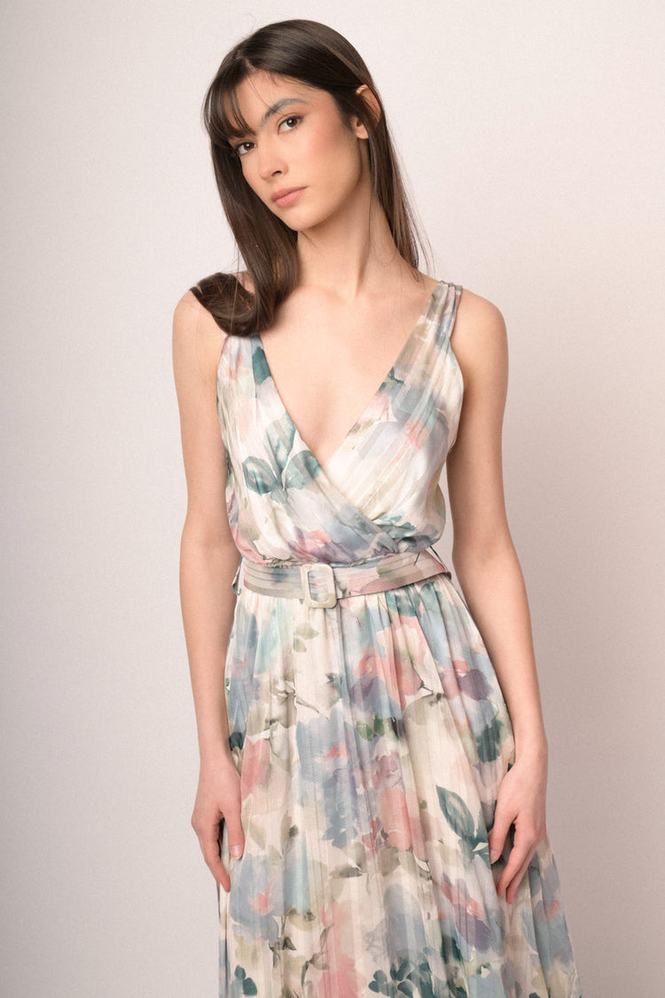 Multicolor watercolor-effect floral print georgette long dress