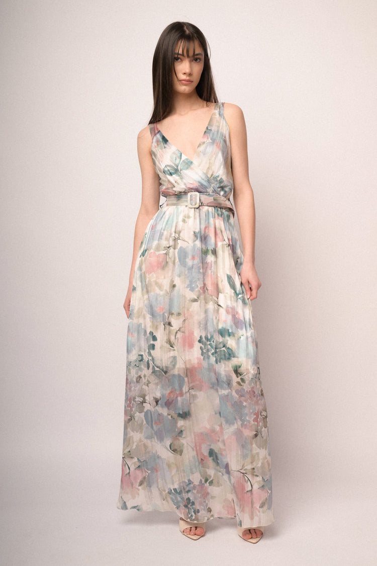 Multicolor watercolor-effect floral print georgette long dress