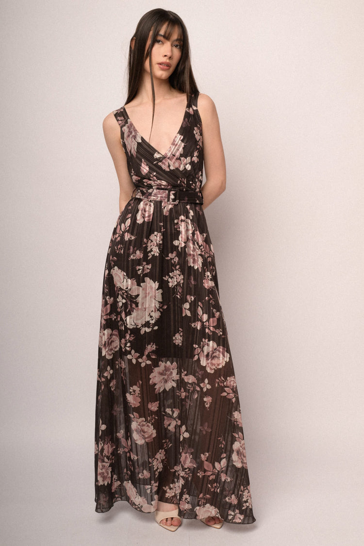 Chocolate floral print lurex georgette maxi dress