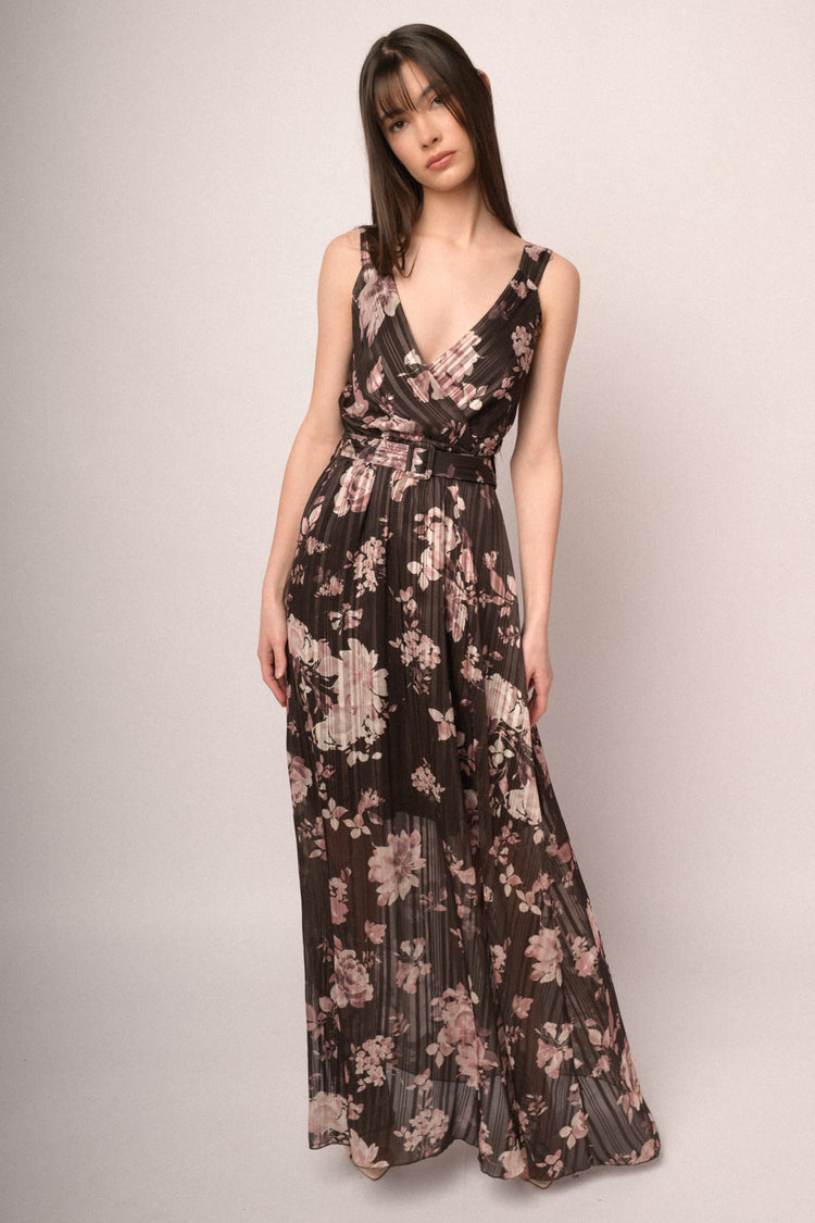 Chocolate floral print lurex georgette maxi dress