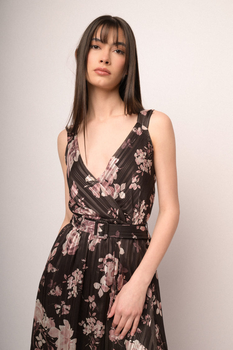 Chocolate floral print lurex georgette maxi dress
