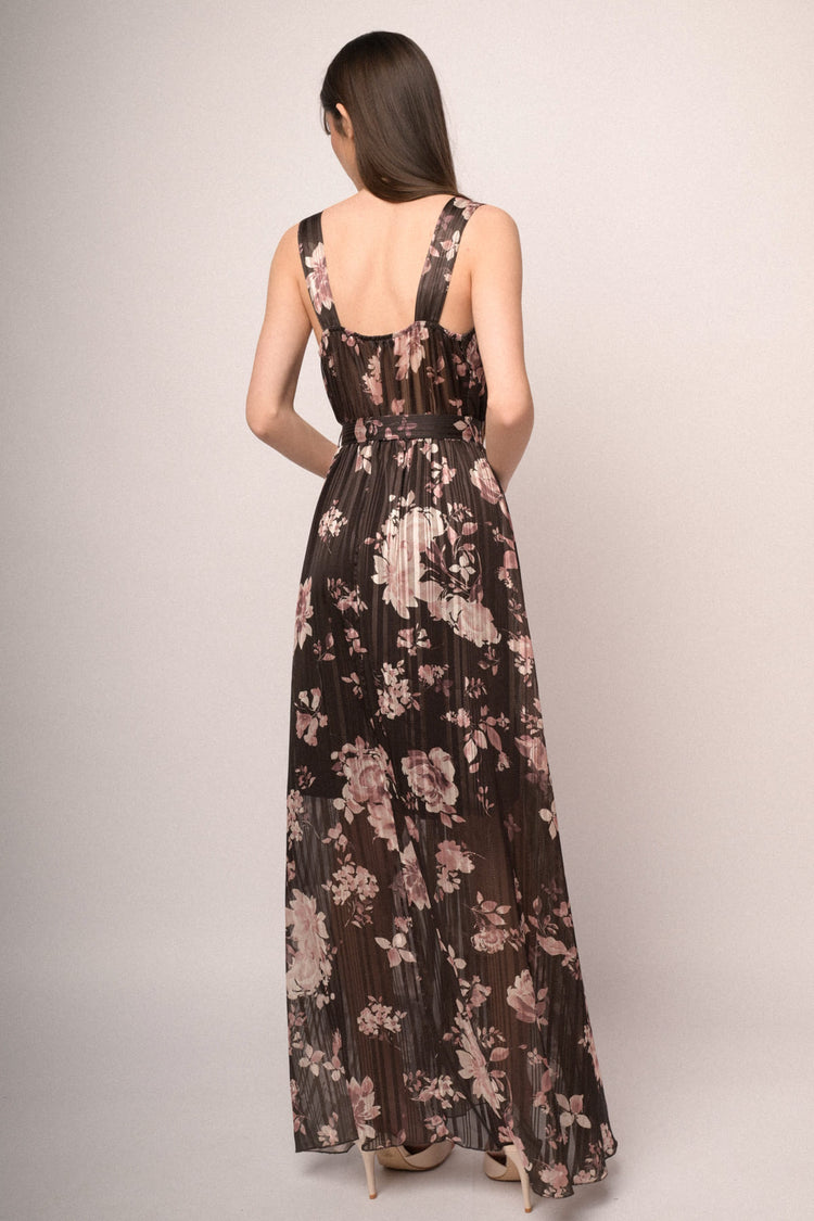 Chocolate floral print lurex georgette maxi dress