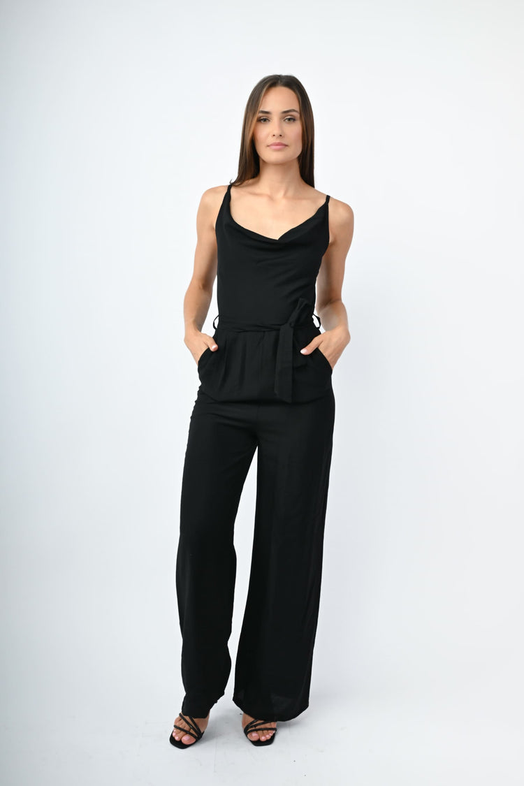 Viscose-blend belted jumpsuit