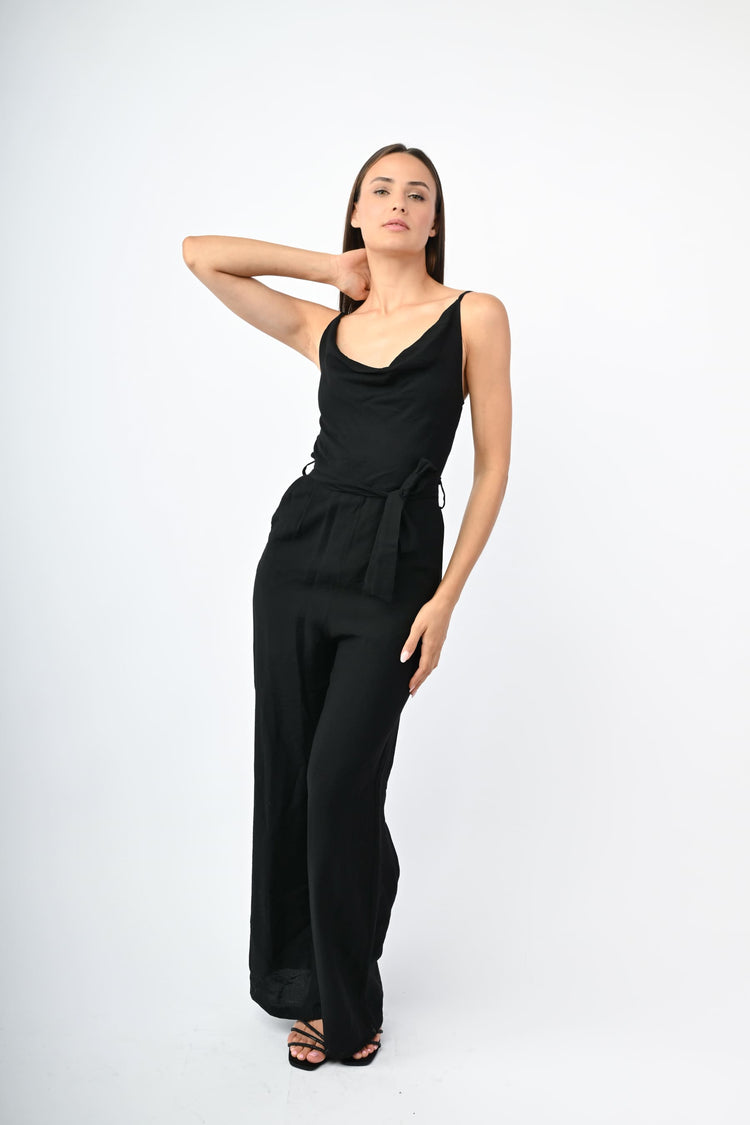 Viscose-blend belted jumpsuit