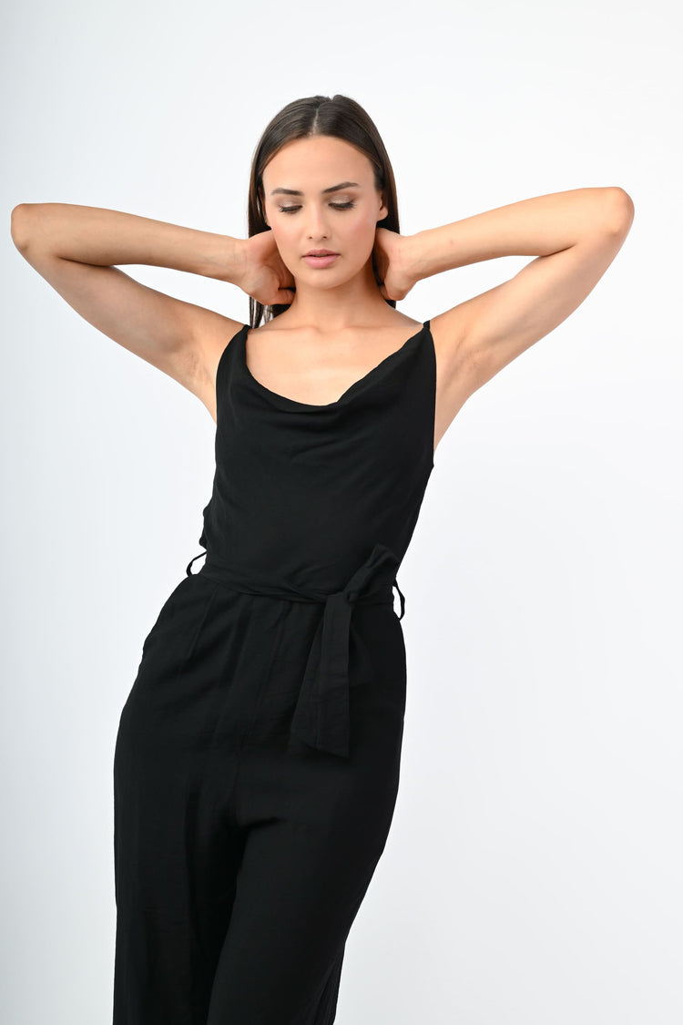 Viscose-blend belted jumpsuit