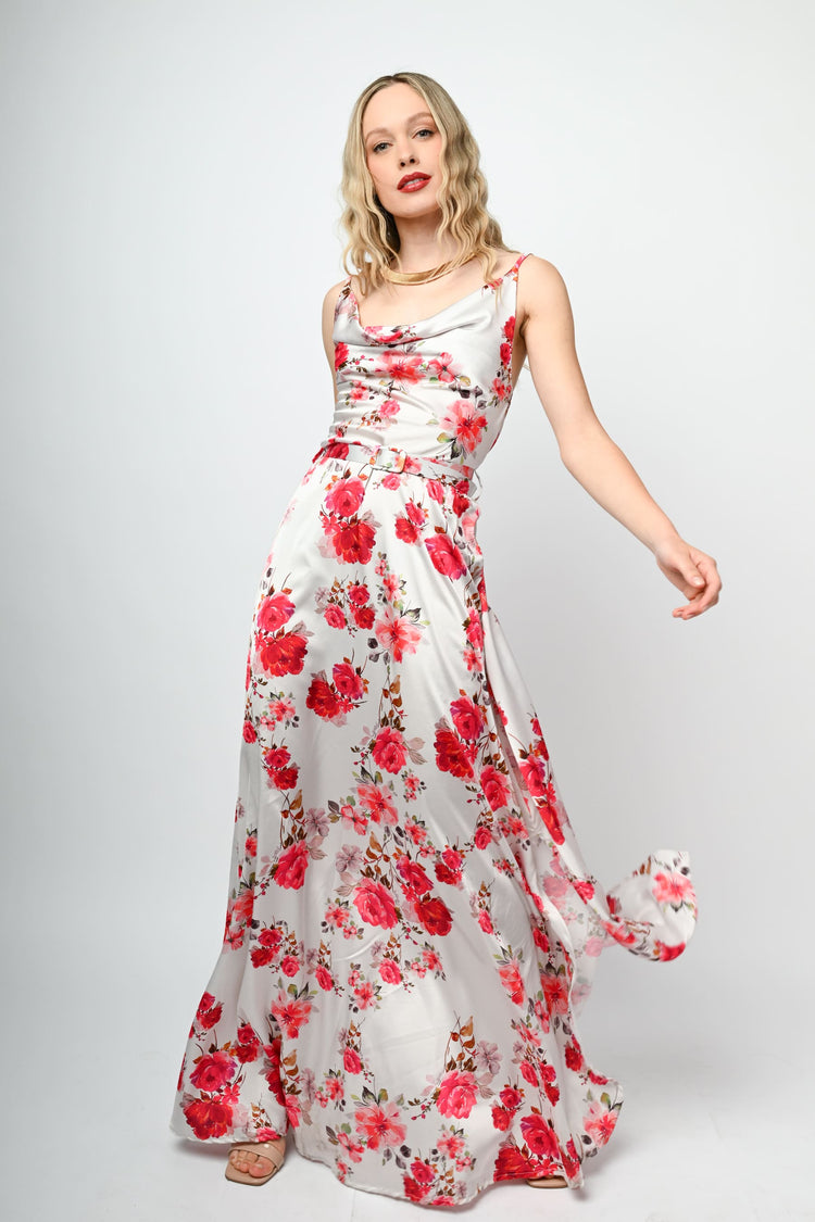 Floral print satin long dress