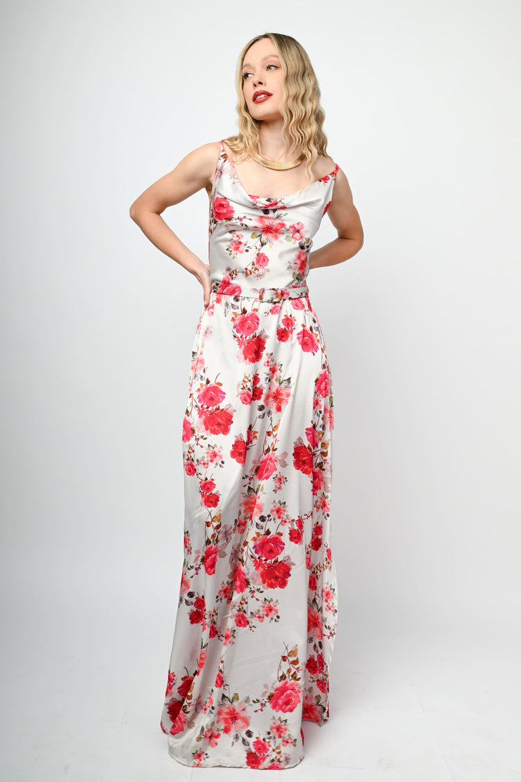Floral print satin long dress