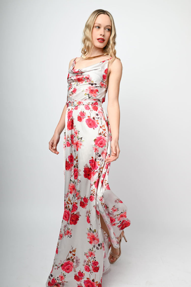 Floral print satin long dress