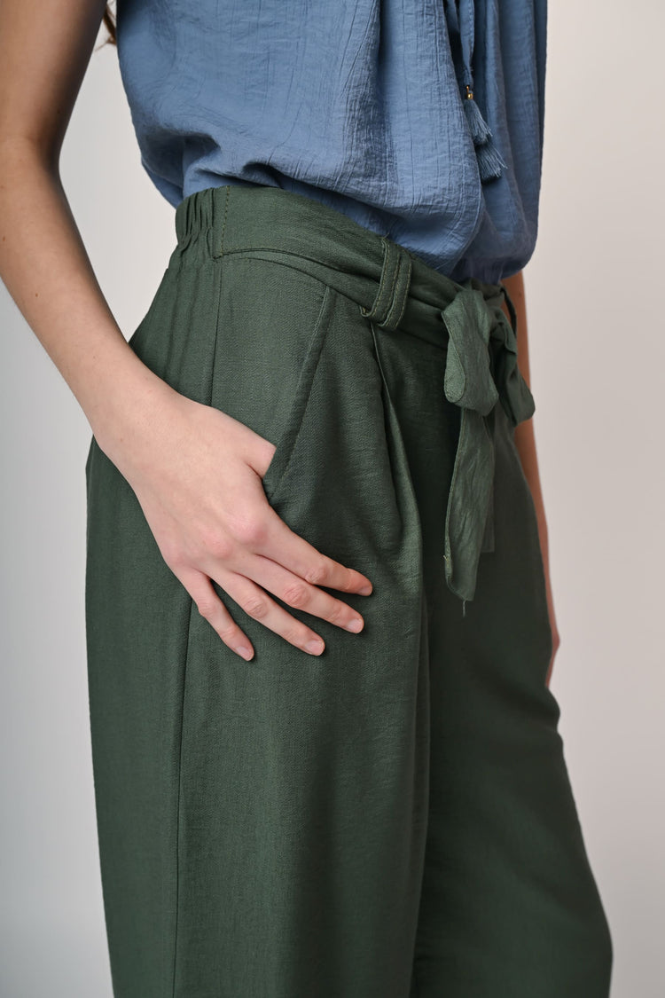 Viscose-blend belted trousers