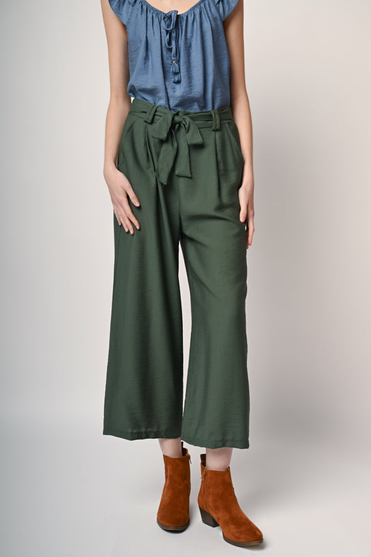 Viscose-blend belted trousers