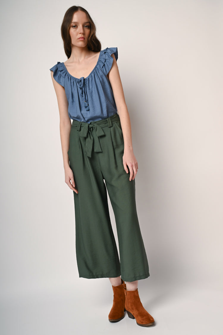 Viscose-blend belted trousers