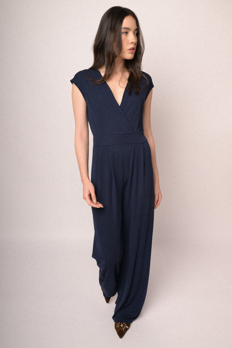 Blue wrap V-neck jumpsuit