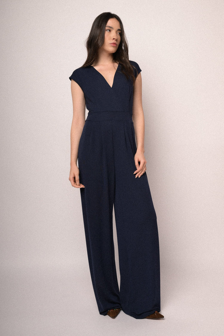 Blue wrap V-neck jumpsuit