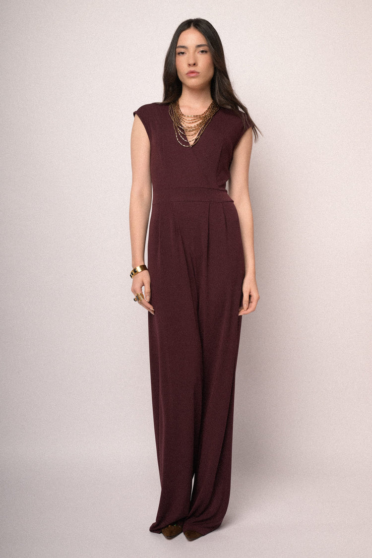 Burgundy wrap V-neck jumpsuit