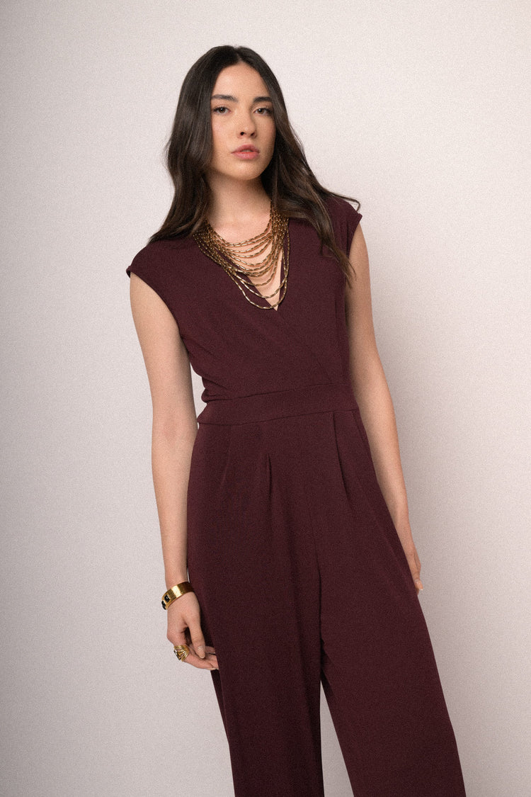 Burgundy wrap V-neck jumpsuit