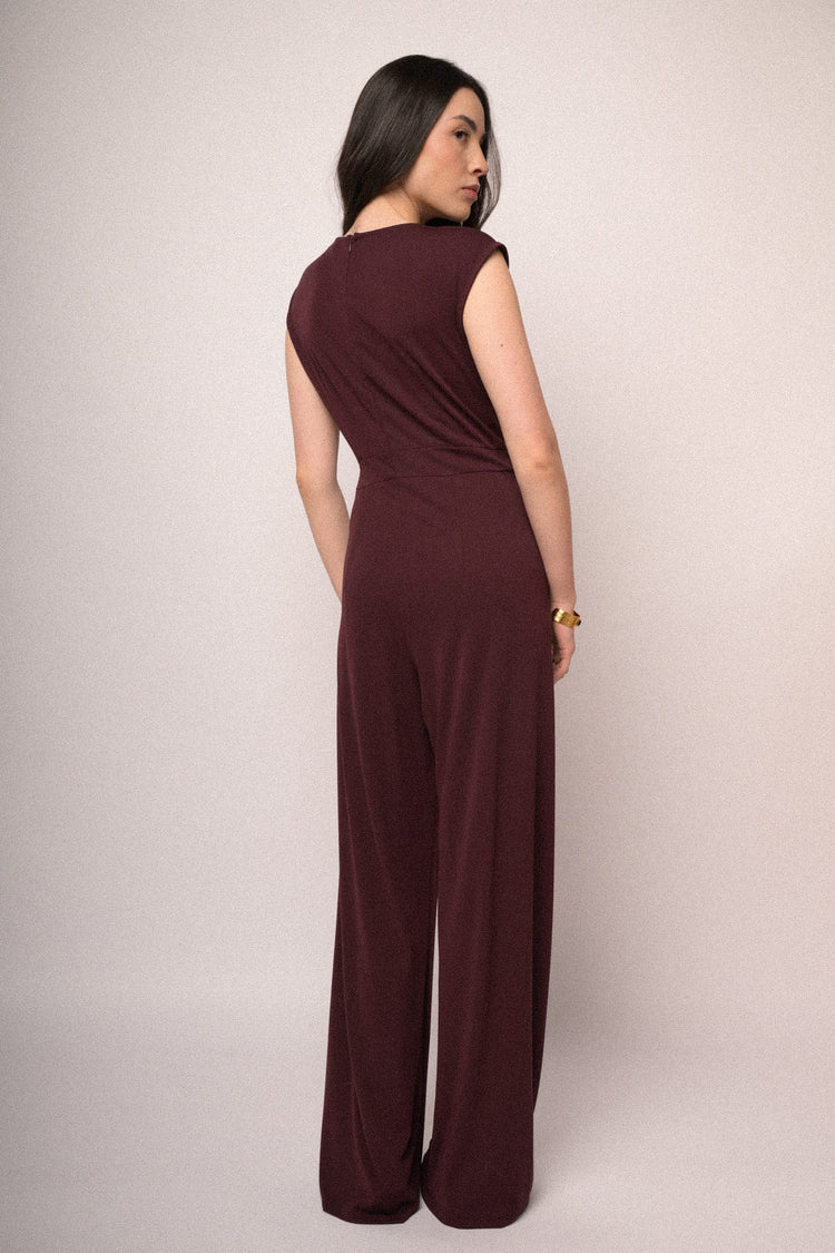 Burgundy wrap V-neck jumpsuit
