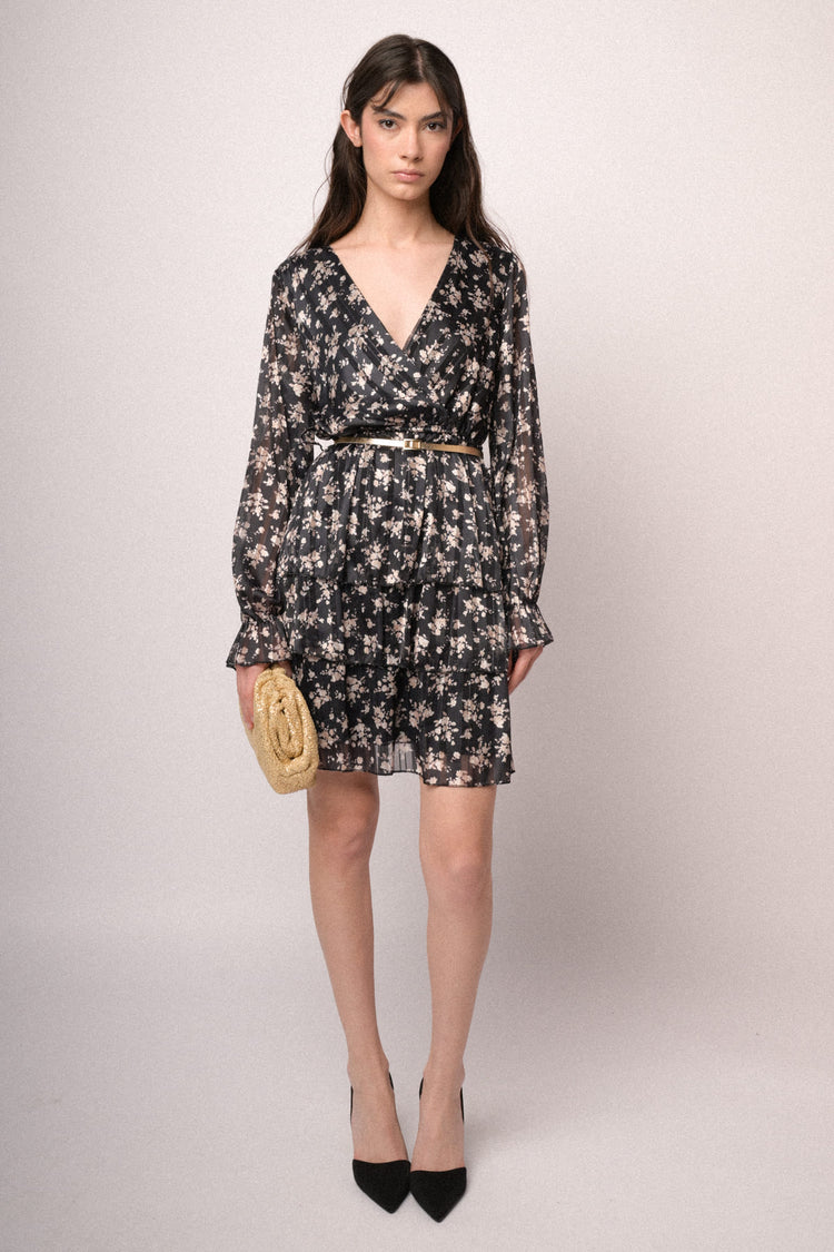 Belted floral print black mini dress