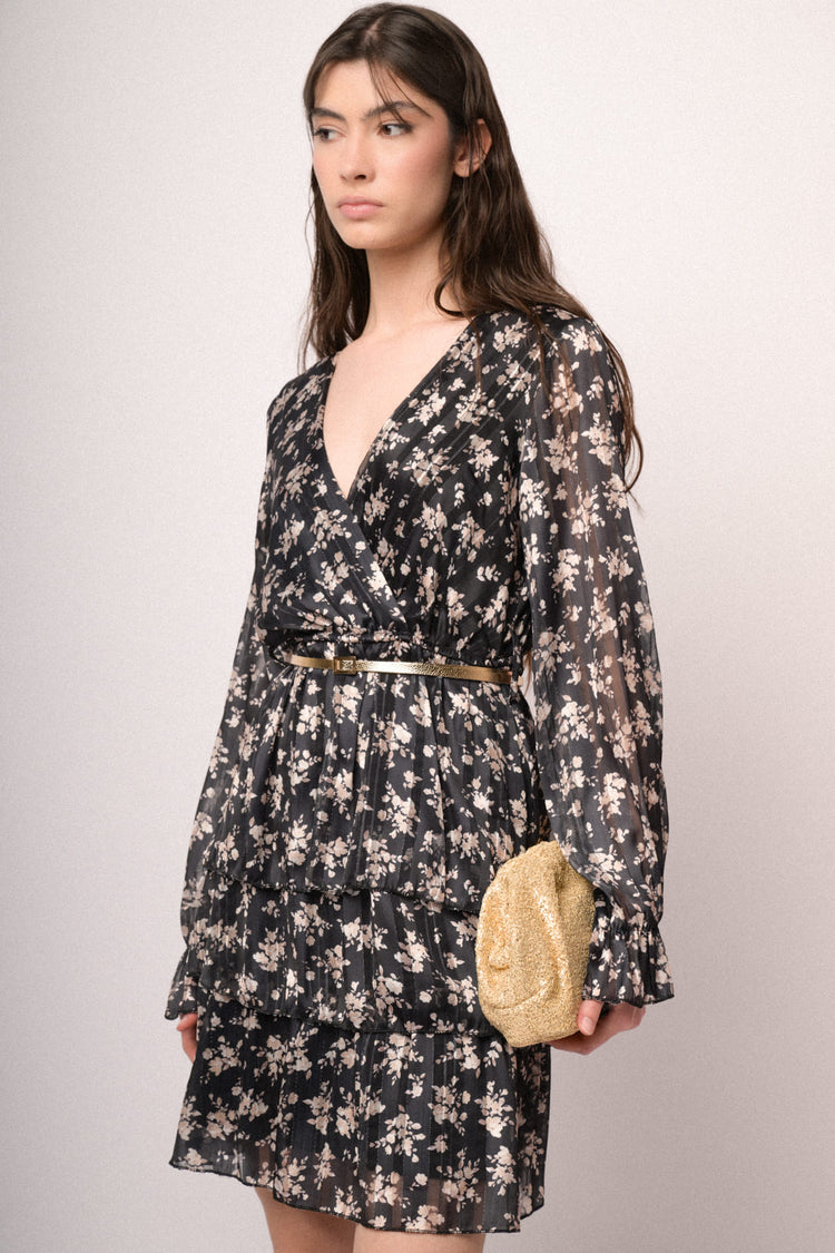 Belted floral print black mini dress