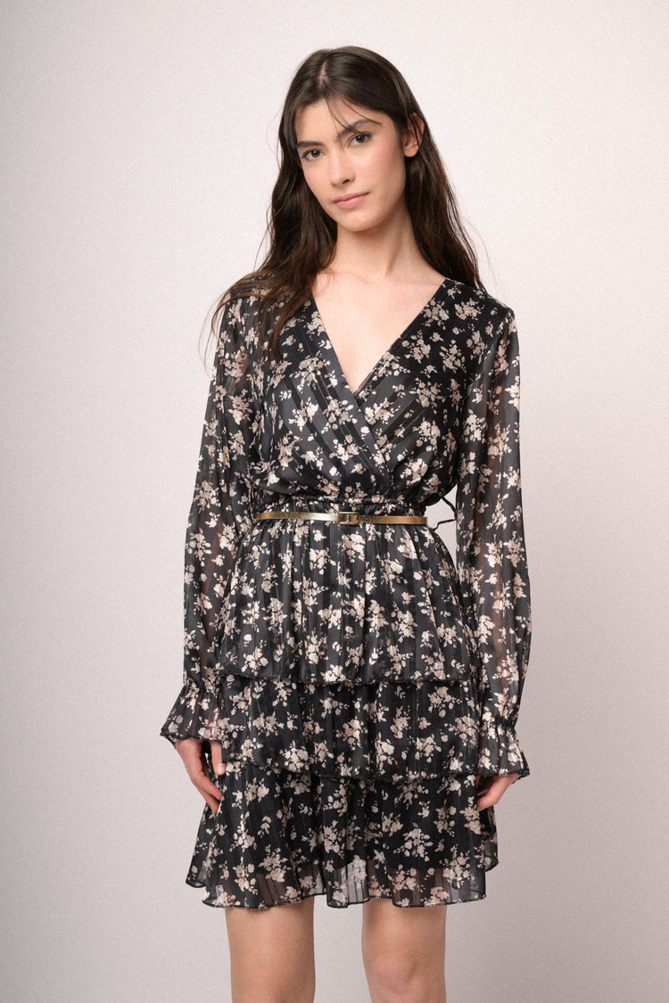 Belted floral print black mini dress