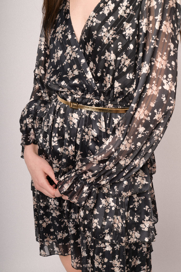 Belted floral print black mini dress