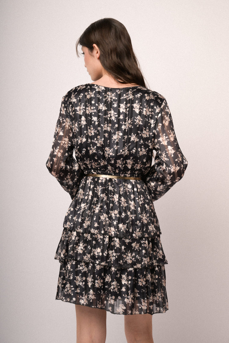 Belted floral print black mini dress