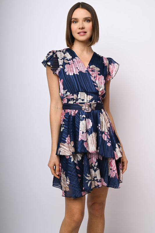 Floral print lurex georgette mini dress