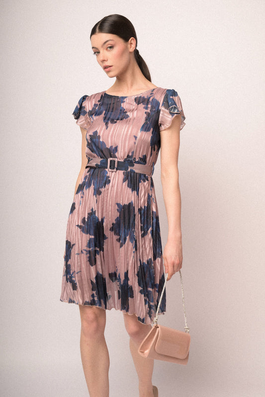 Pink floral print belted mini dress