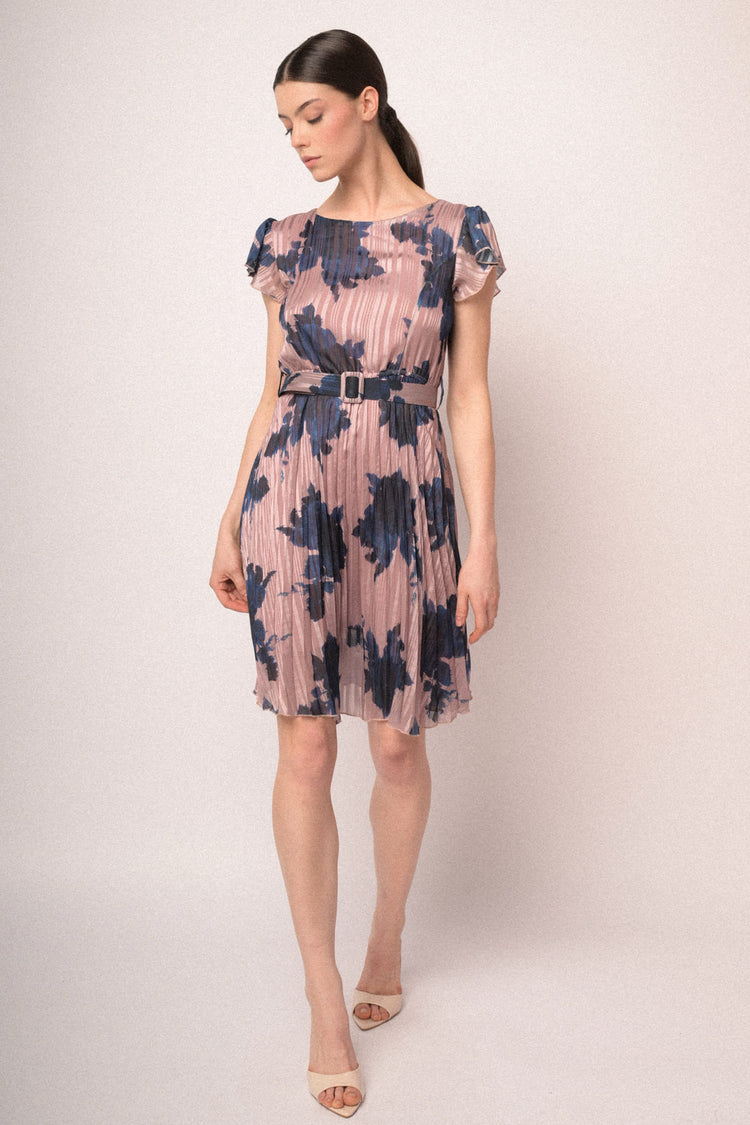 Pink floral print belted mini dress