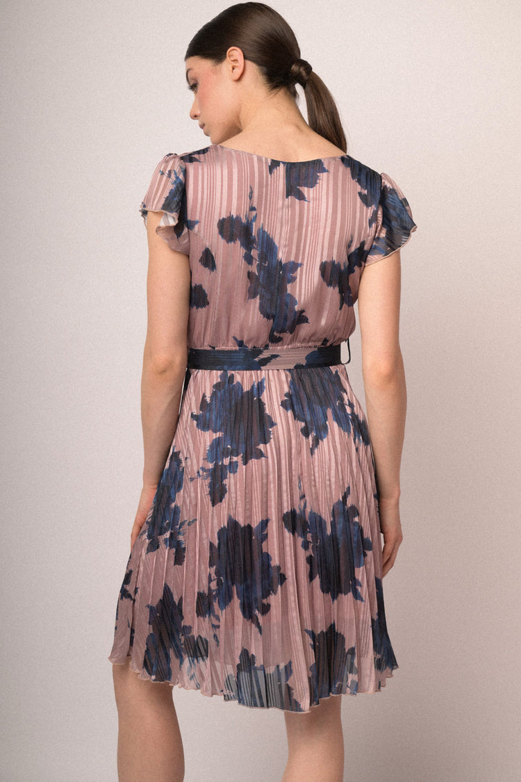 Pink floral print belted mini dress