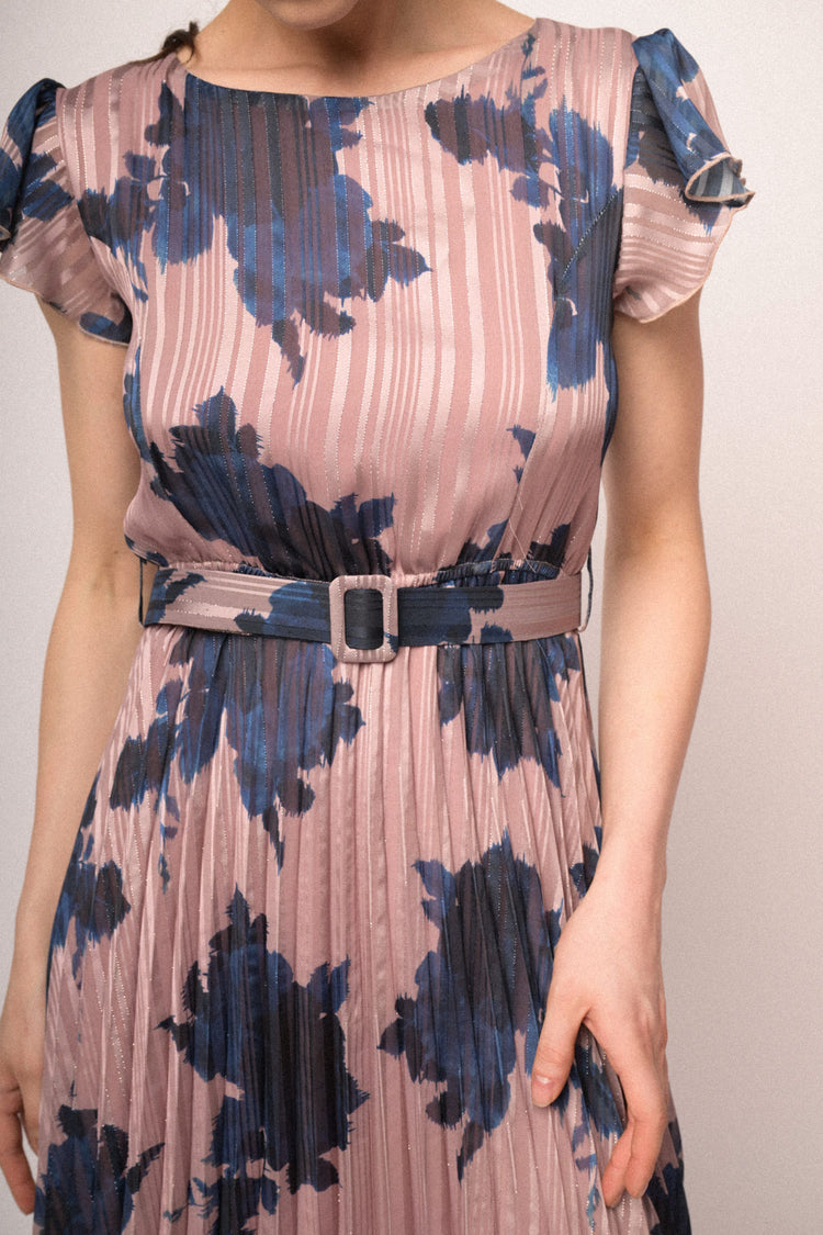 Pink floral print belted mini dress