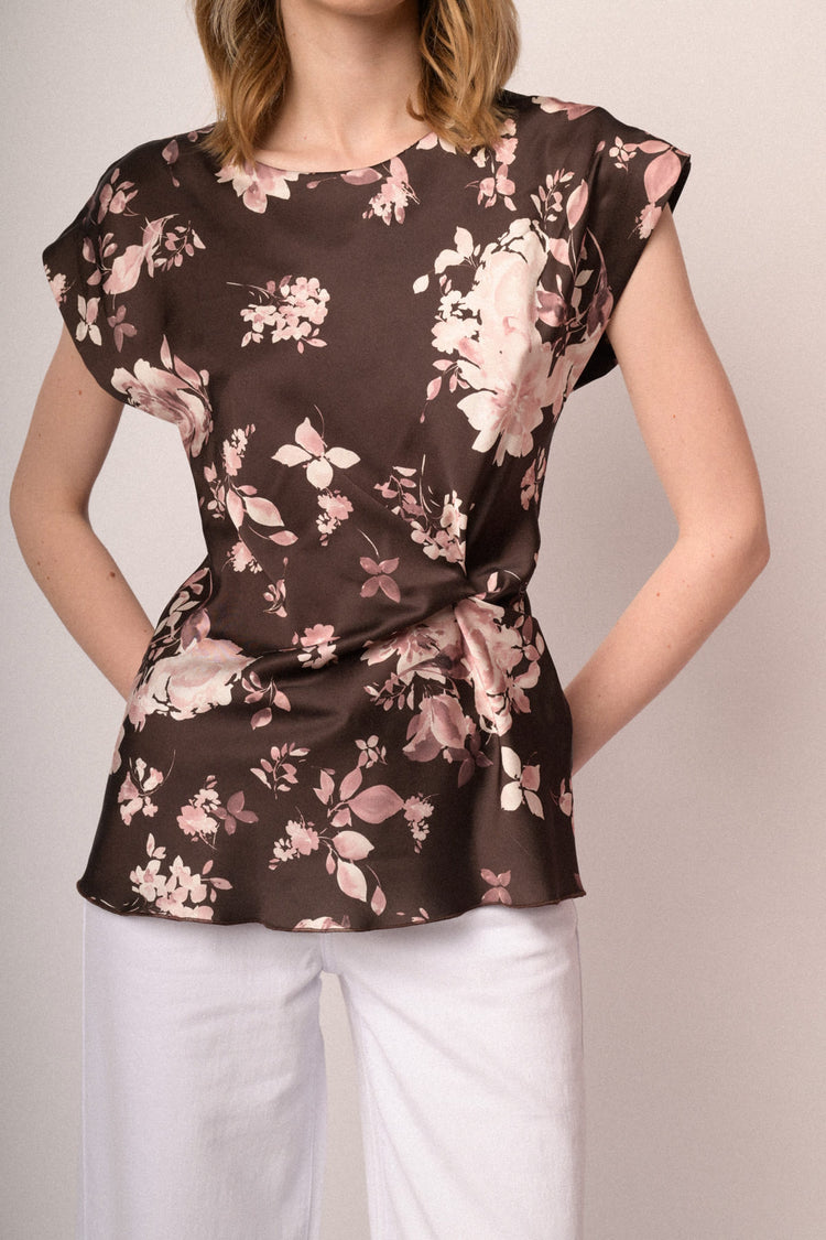 Floral print chocolate satin t-shirt