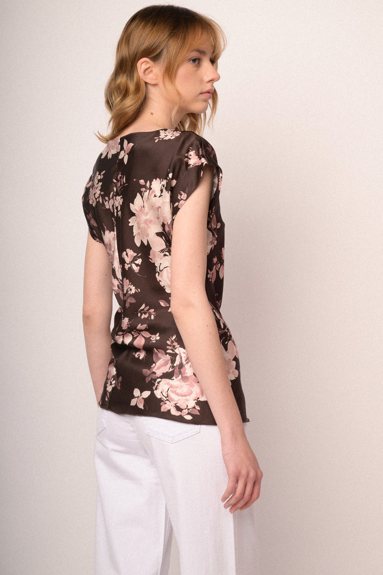 Floral print chocolate satin t-shirt