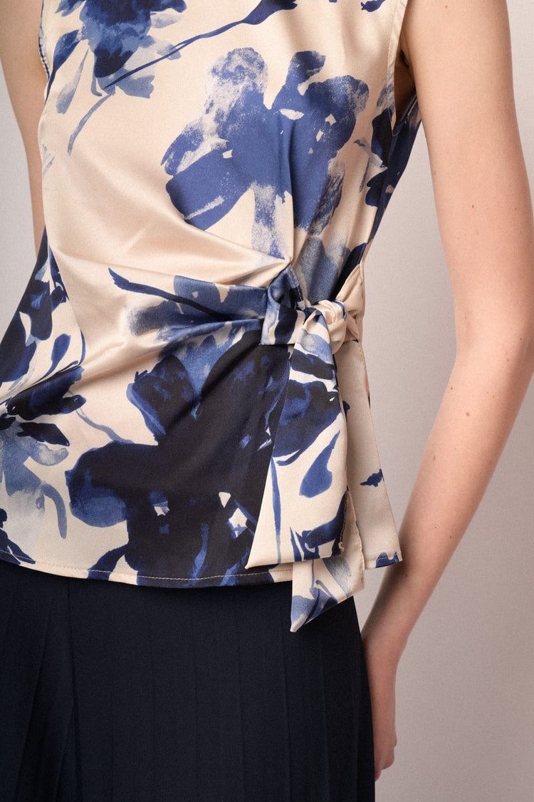 Multicolor floral print bow satin top