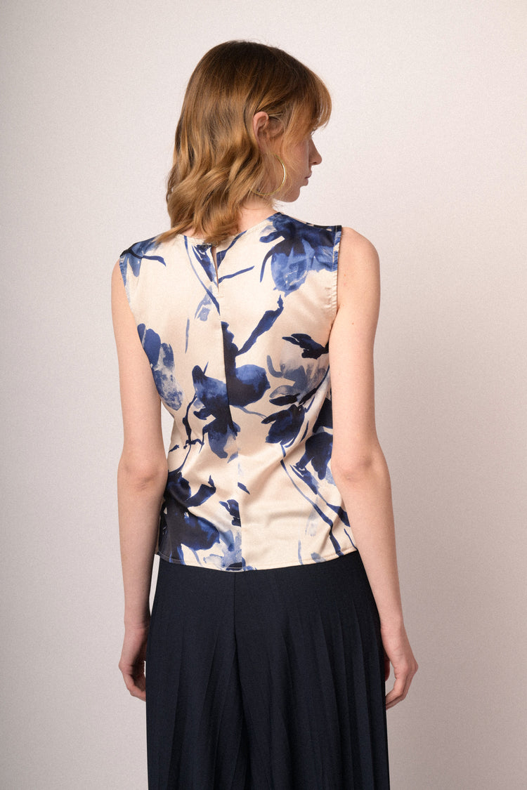 Multicolor floral print bow satin top