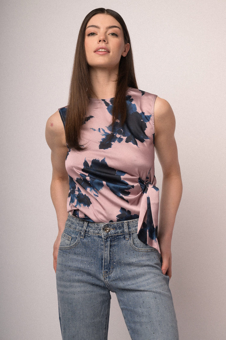 Floral print pink satin bow-detail top