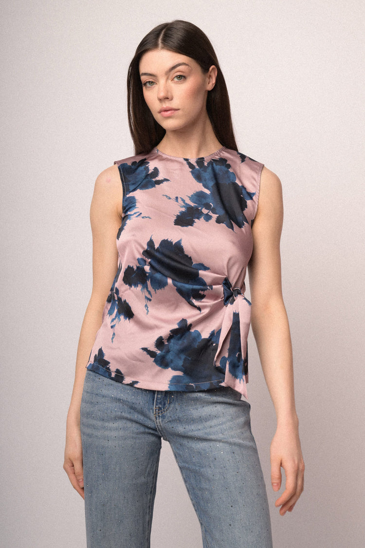 Floral print pink satin bow-detail top