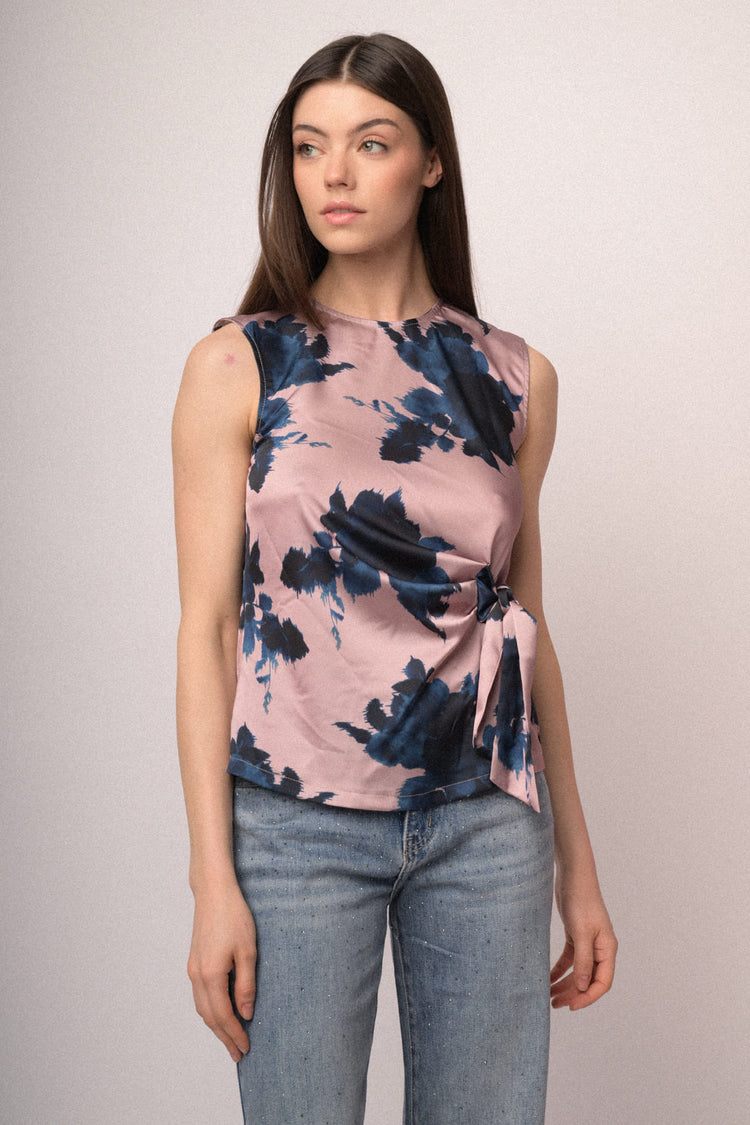 Floral print pink satin bow-detail top