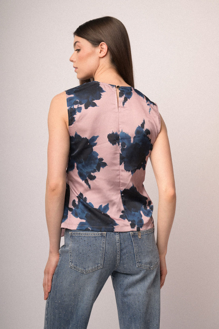 Floral print pink satin bow-detail top