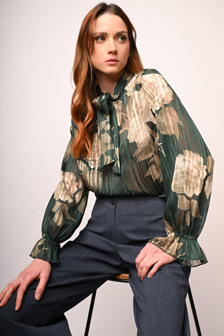 Floral print pussy bow neck blouse