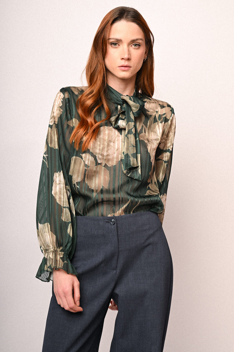Floral print pussy bow neck blouse