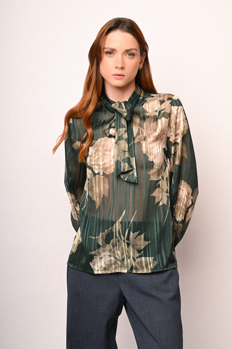 Floral print pussy bow neck blouse