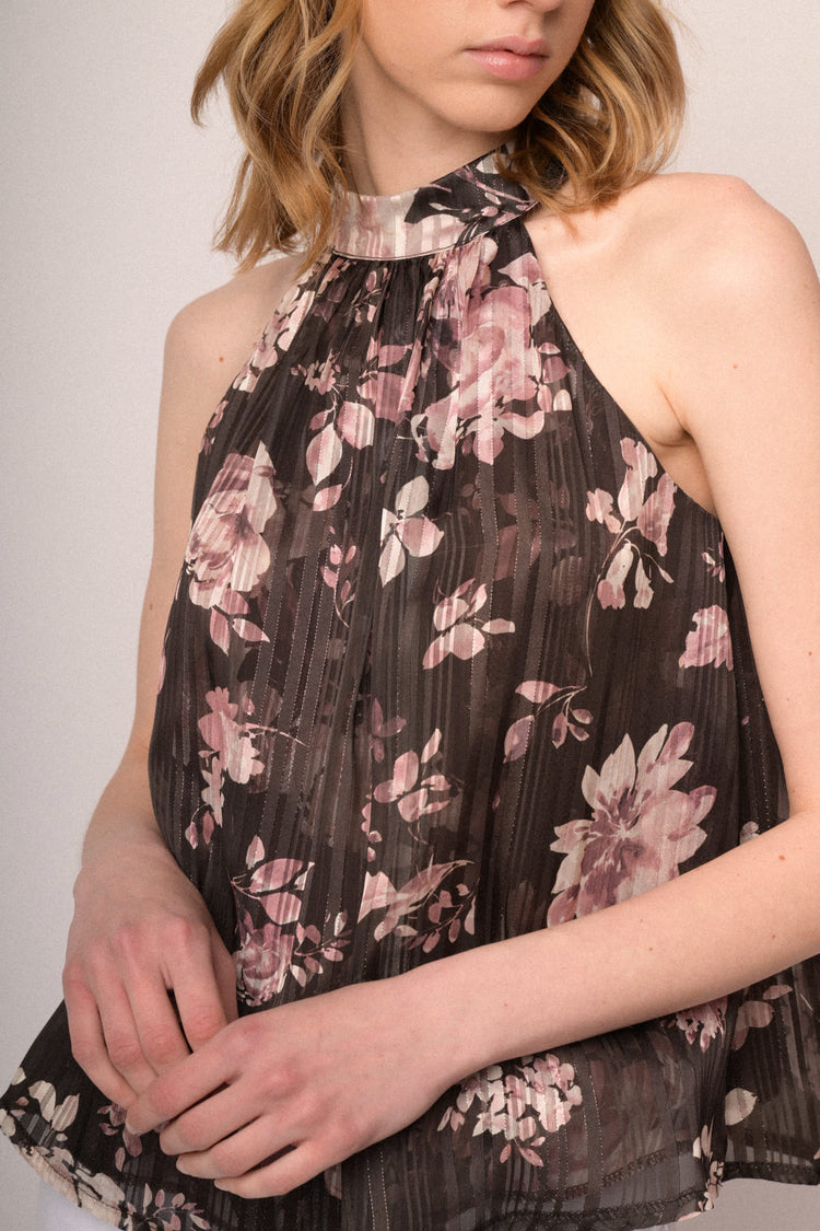 Chocolate floral print lurex georgette halter top