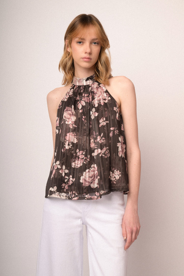 Chocolate floral print lurex georgette halter top