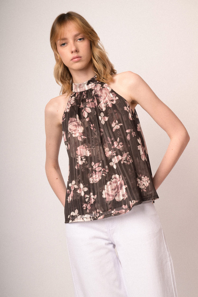 Chocolate floral print lurex georgette halter top