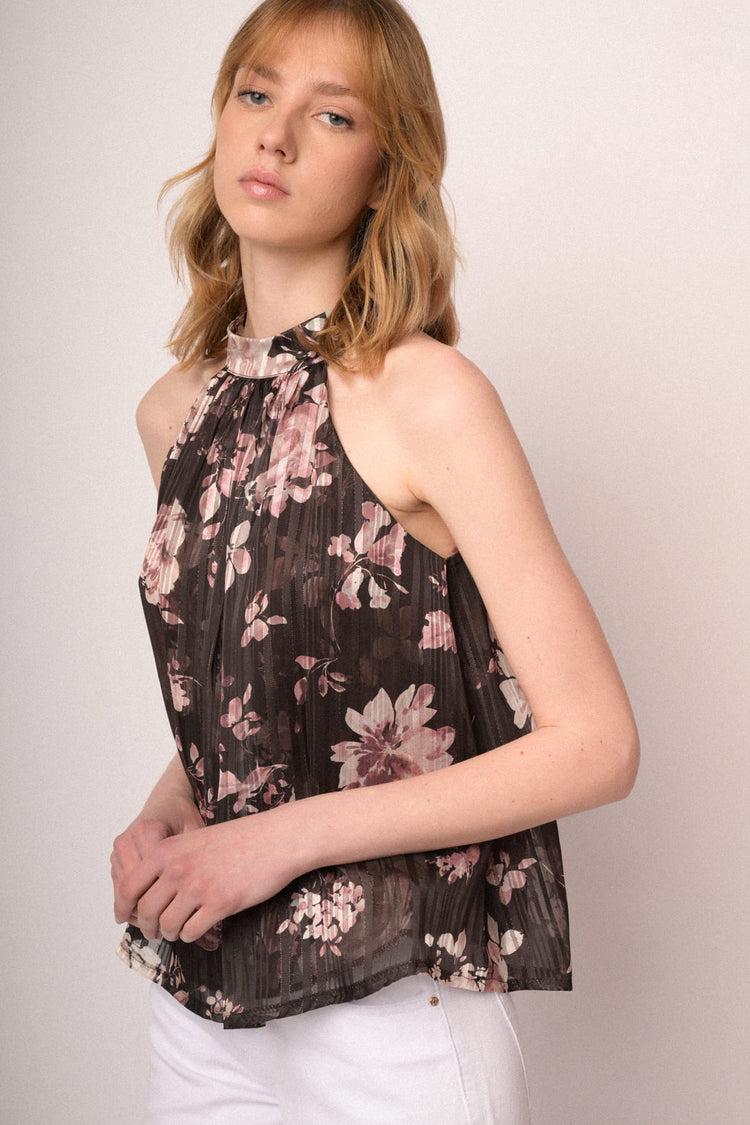Chocolate floral print lurex georgette halter top