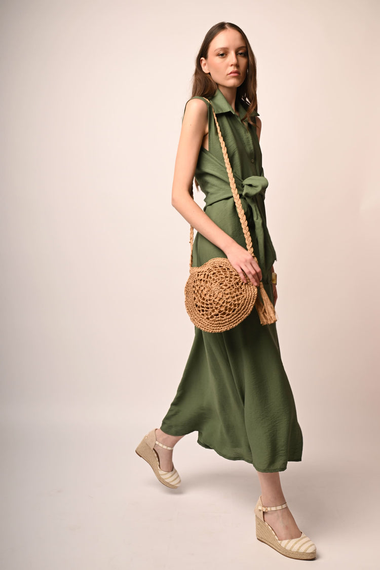 Self-tie waistband long dress