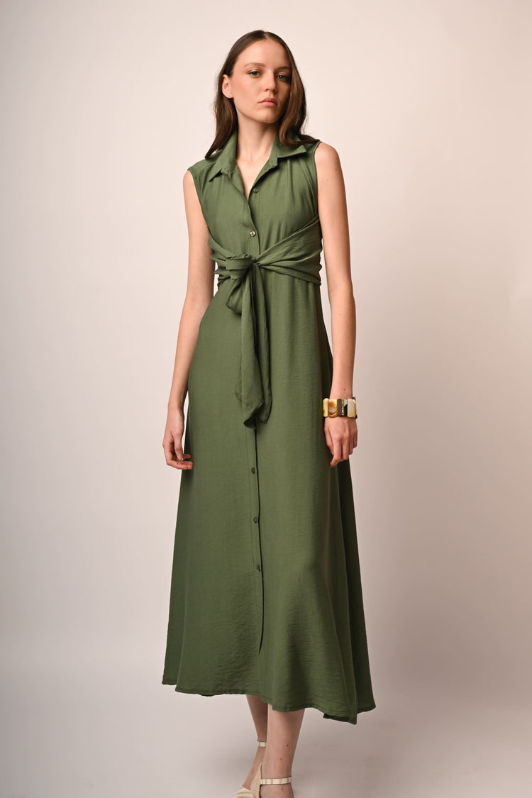 Self-tie waistband long dress