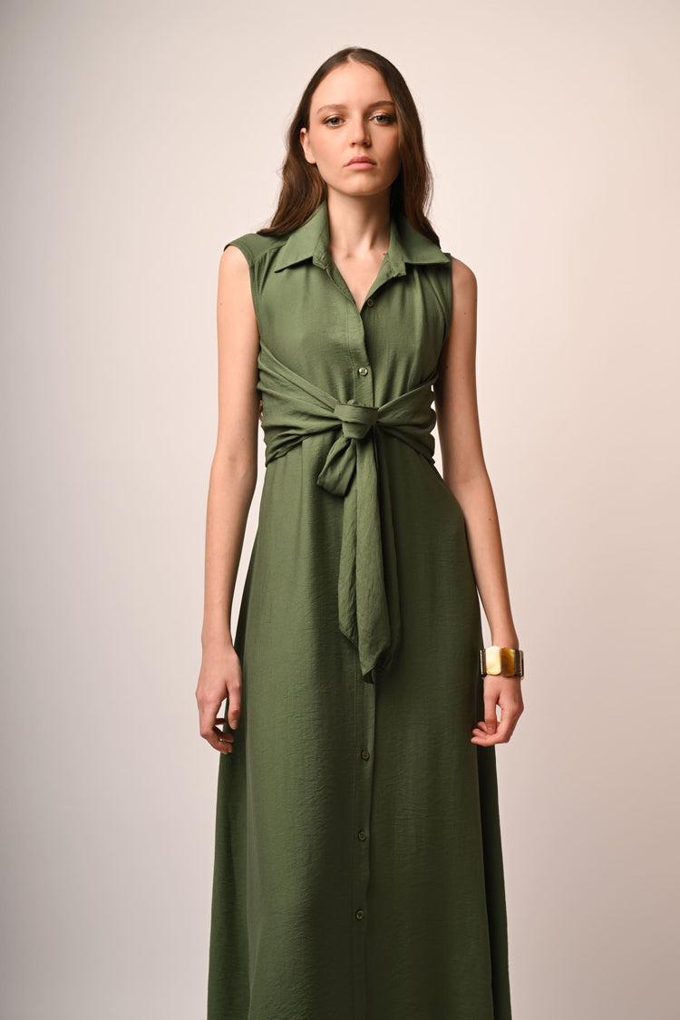 Self-tie waistband long dress
