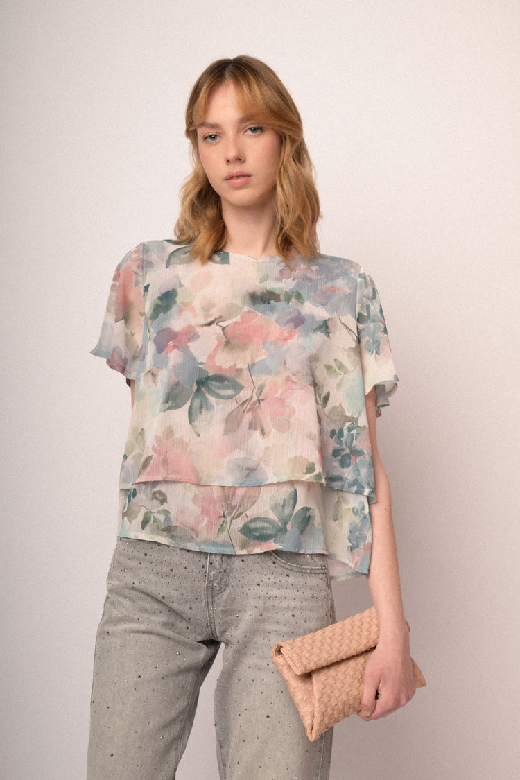 Multicolor watercolor-effect floral print chiffon top
