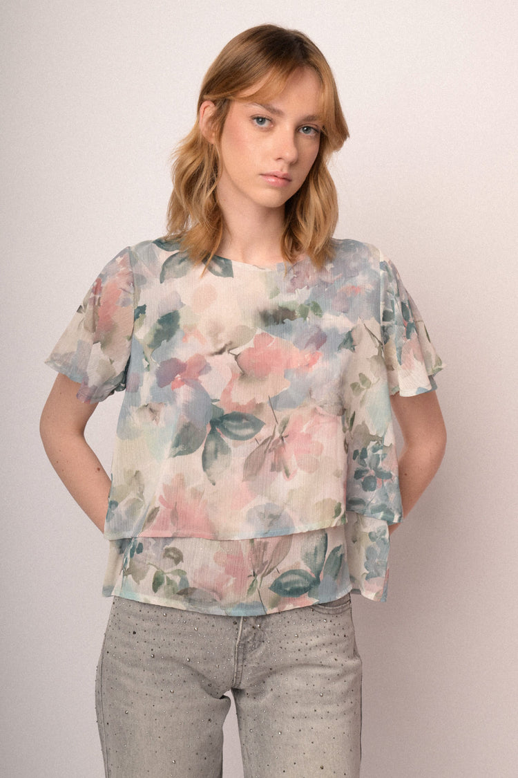 Multicolor watercolor-effect floral print chiffon top